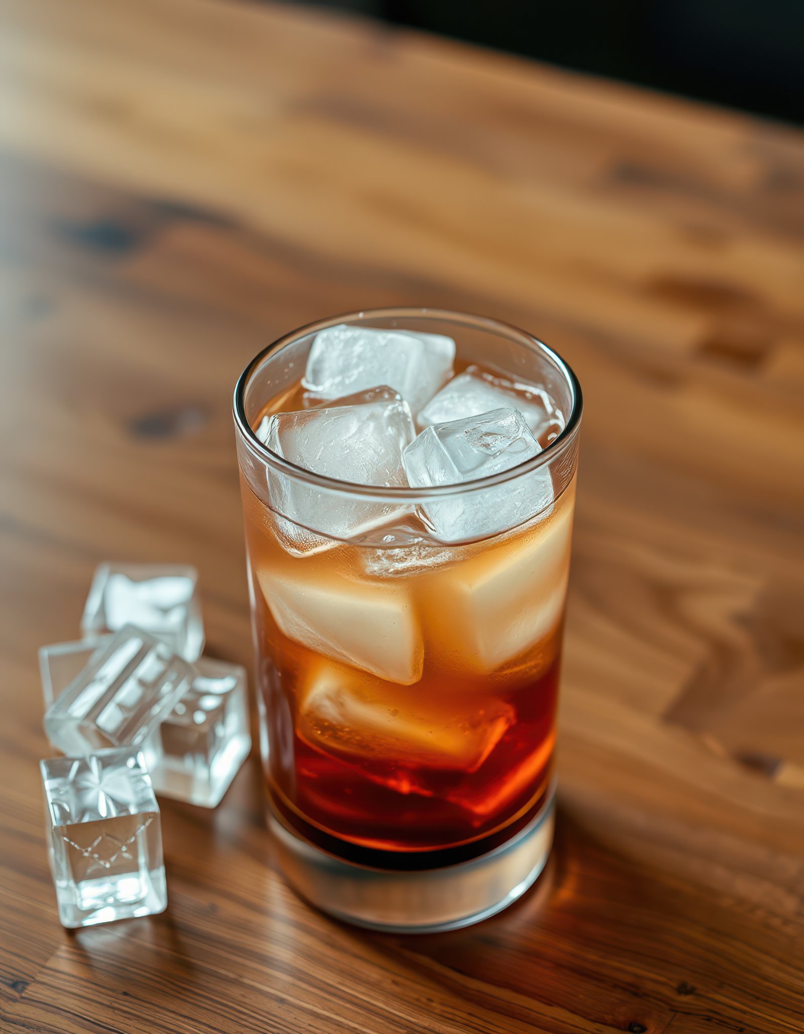 Refreshing cocktail served in a glass with ice cubes on wooden table during bright afternoon